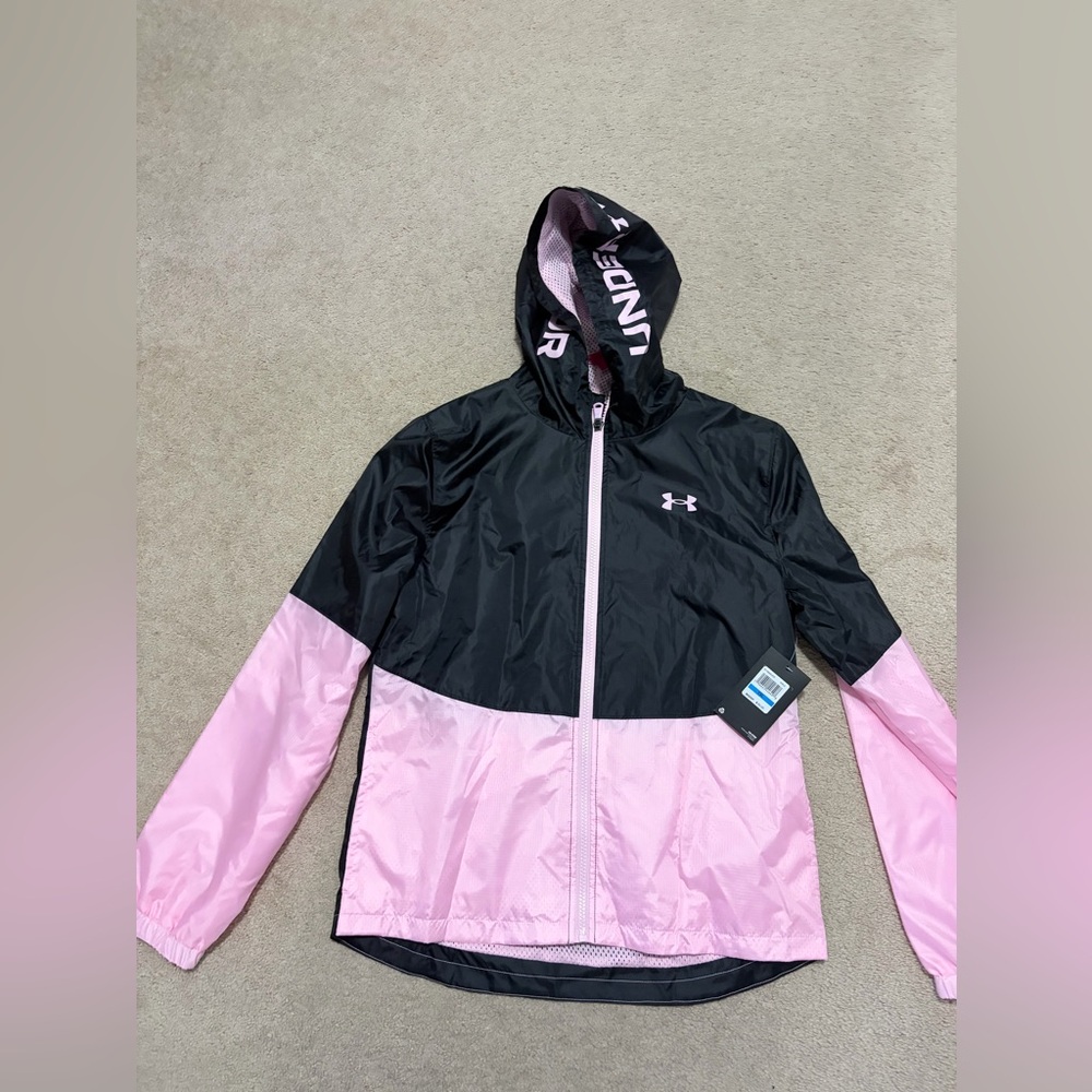 Under Armour Kids' Black and Pink Rain jacket, size xl